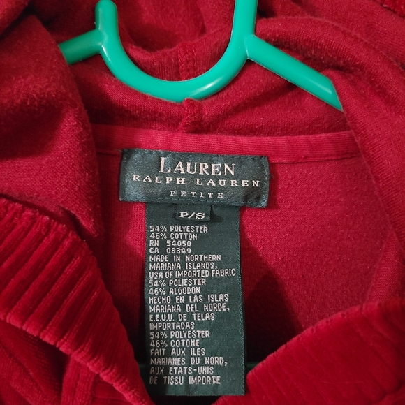 Lauren Ralph Lauren Women Petite Small Hoodie Zip Sweatshirt Red Velour Jacket - Picture 2 of 3